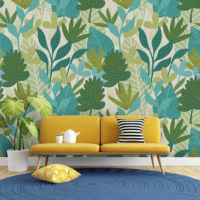 Green Leaflets Serene Wallpaper shown in a room