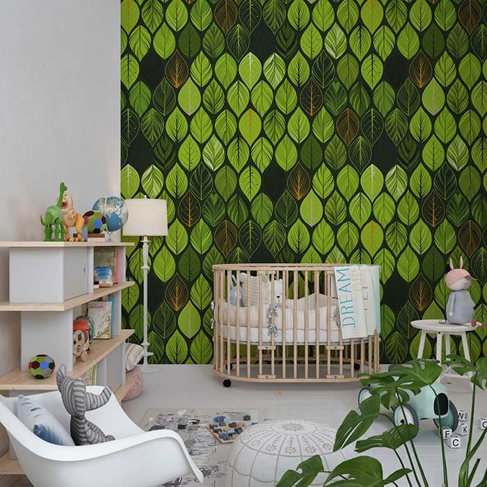 Elliptic Foliole Leaves Pattern Wallpaper shown in a room