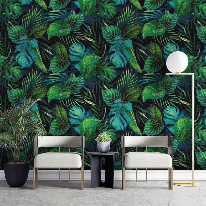 Shady Tropical Leaves Wallpaper shown in a room