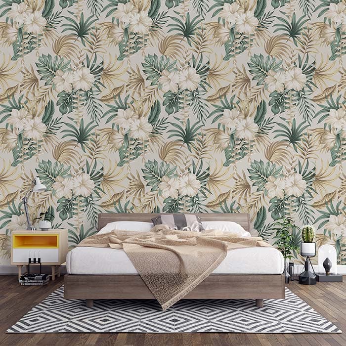 Elegant Cream White Hibiscus Botanical Wallpaper shown in a room