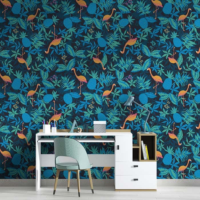 Cantaloupe Orange Cranes Wallpaper shown in a room