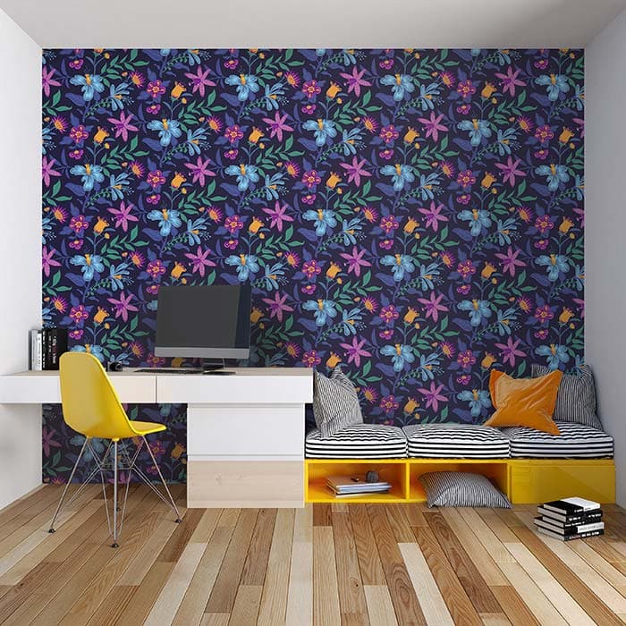 Lilac and Aqua Blossom Wallpaper for Wall shown in a room