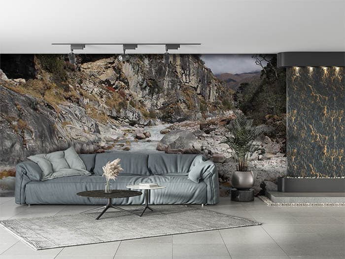 Tranquil River By the Mountains Wallpaper Mural shown in a room