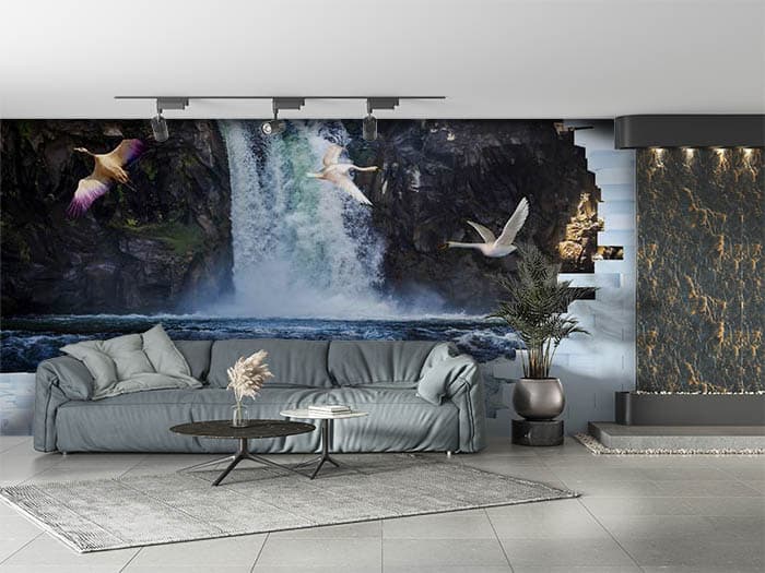 3D Effect White Bricks Wall and Waterfall Wallpaper Mural shown in a room