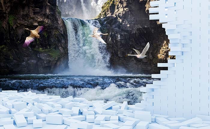 3D Effect White Bricks Wall and Waterfall Wallpaper Mural pattern detail