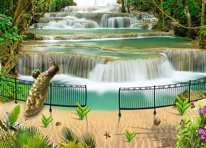 3D Peacock and Waterfall Wallpaper Mural pattern detail
