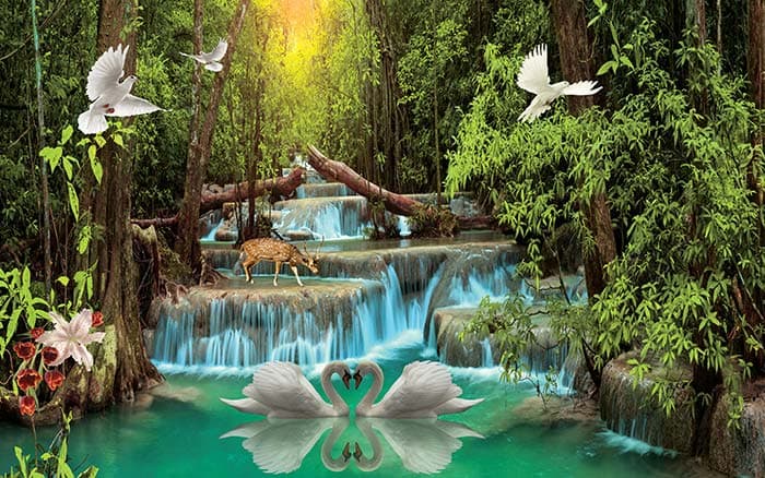 3D Jungle River With Swans Wallpaper pattern detail