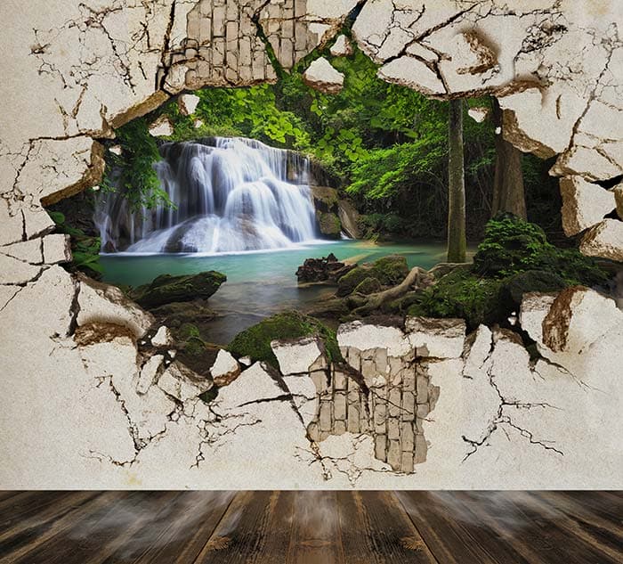 3D Broken Wall Effect Scenery Wallpaper pattern detail