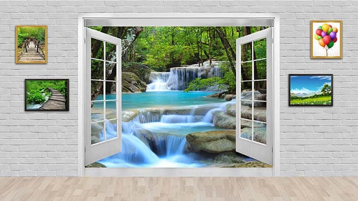 3D Scenic Waterfall Through Window Wallpaper pattern detail