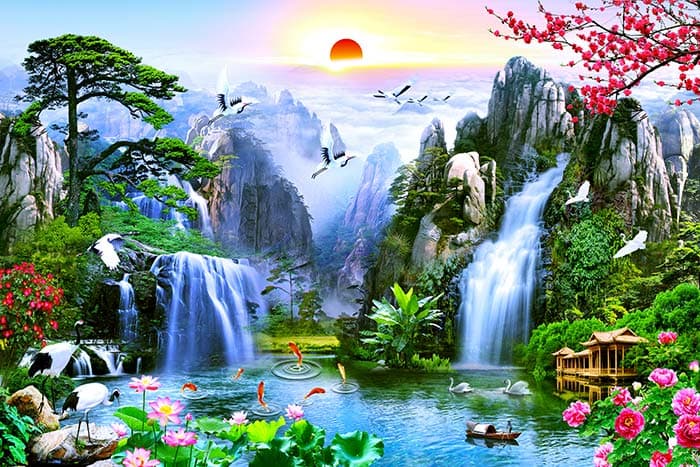 Aesthetic Waterfall Wallpaper With Sunrise in the Forest pattern detail