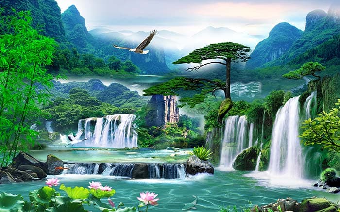 3D Aesthetic Waterfall in Forest Wallpaper pattern detail