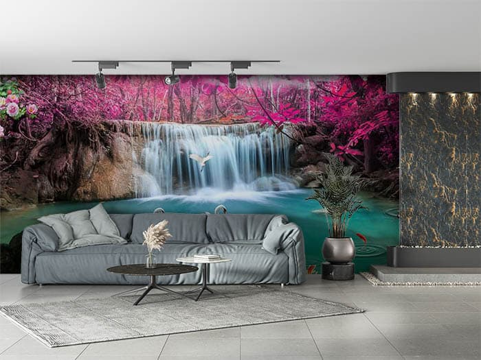 3D Wallpaper Surrounded by Pink Leaves Wallpaper shown in a room