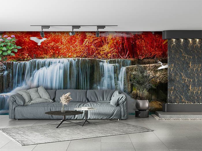 3D Red Dawn Waterfall Wallpaper shown in a room