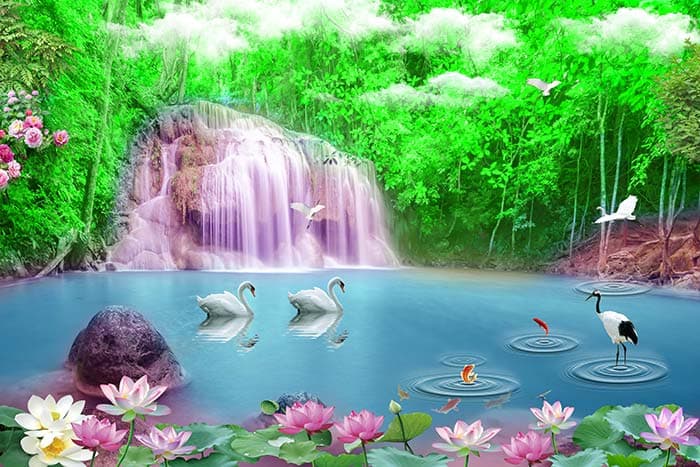 3D Pink Waterfall in Jungle Wallpaper Mural pattern detail