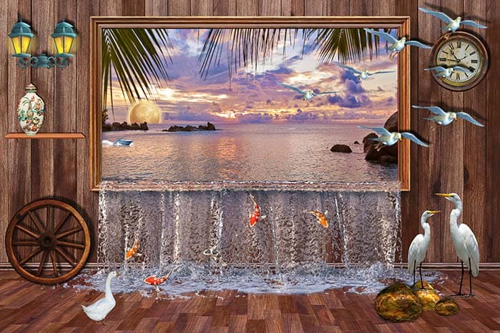 3D Scenic Waterfall Wallpaper With Fishes and Cranes pattern detail