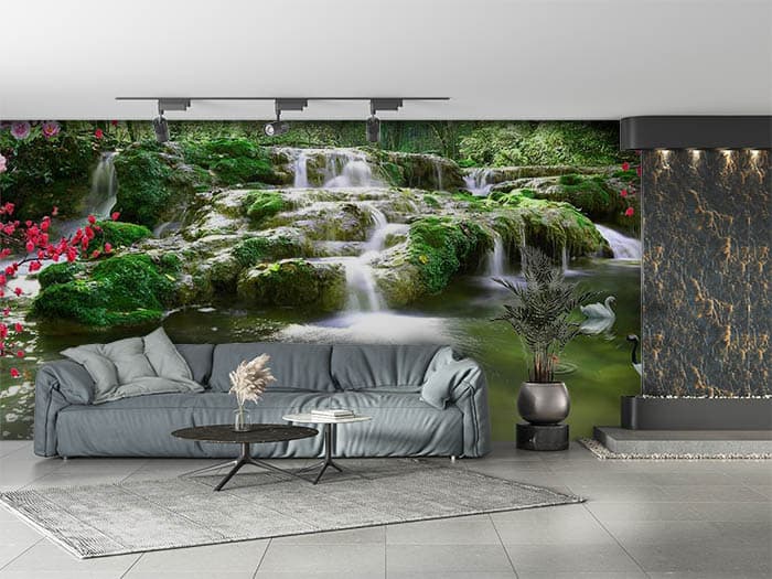 3D River Wallpaper With Red Blossoms and Cranes shown in a room