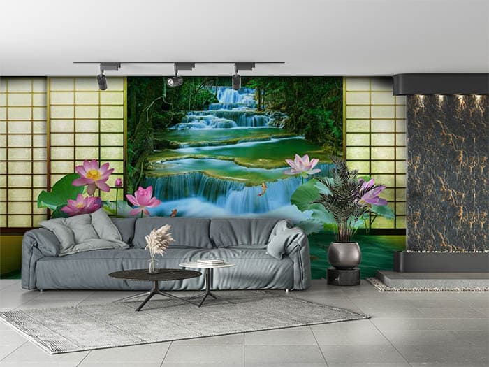 3D Lotus Family in Jungle River Wallpaper Mural shown in a room