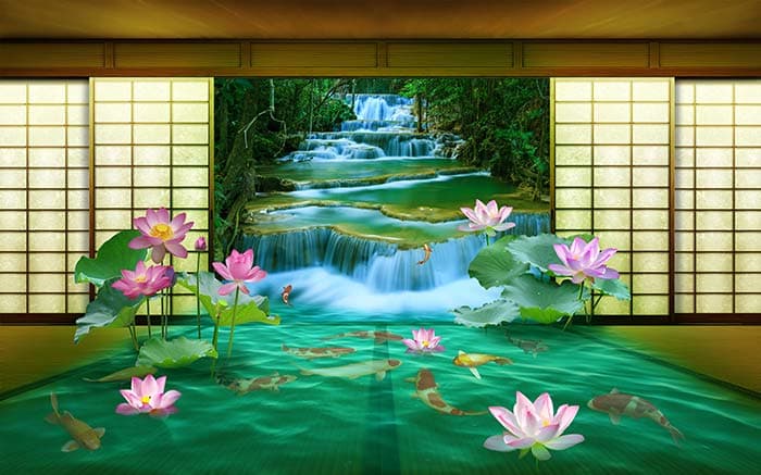3D Lotus Family in Jungle River Wallpaper Mural pattern detail