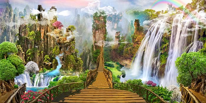 Bridge to Paradise Wallpaper Mural With Waterfall pattern detail