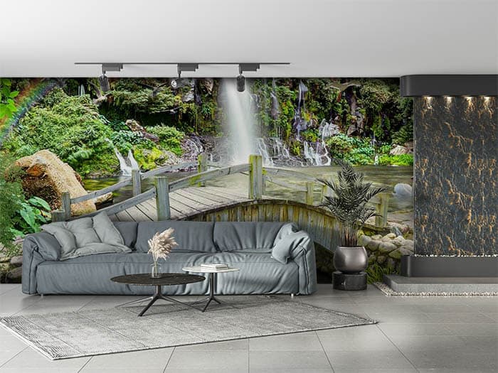 Aesthetic Rainbow and Waterfall Wallpaper shown in a room