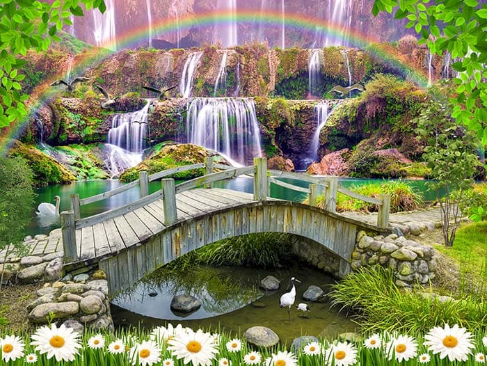 Beautiful Rainbow Over Waterfall Wallpaper pattern detail