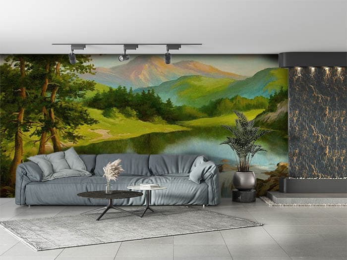 Aesthetic Artistic Waterfall Painting Wallpaper shown in a room