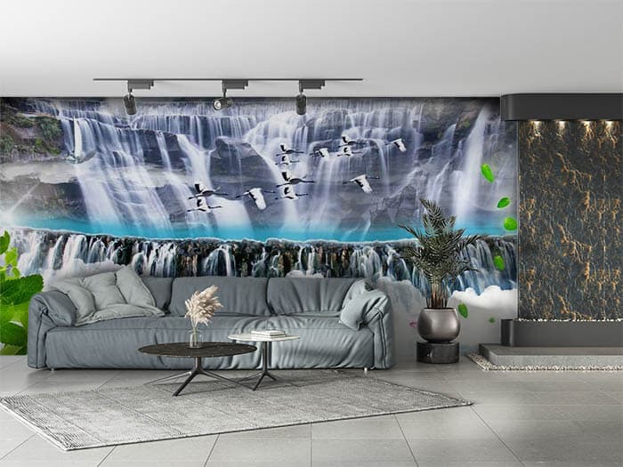 3D Waterfall Wallpaper With Cranes and Butterflies shown in a room