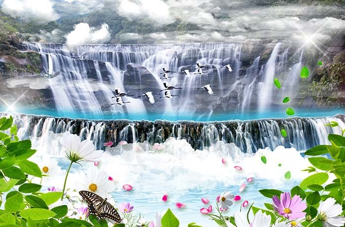 3D Waterfall Wallpaper With Cranes and Butterflies pattern detail