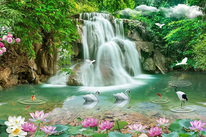 3D Lotus and Swans in Waterfall Wallpaper for Wall pattern detail