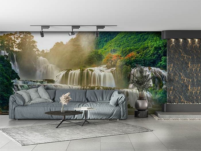 Waterfall Forest Wallpaper Mural shown in a room