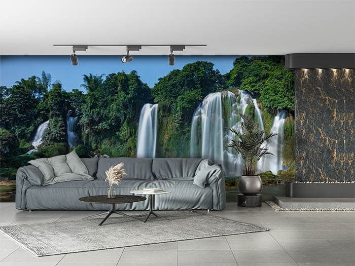 Green Forest with Waterfall Wallpaper Mural shown in a room