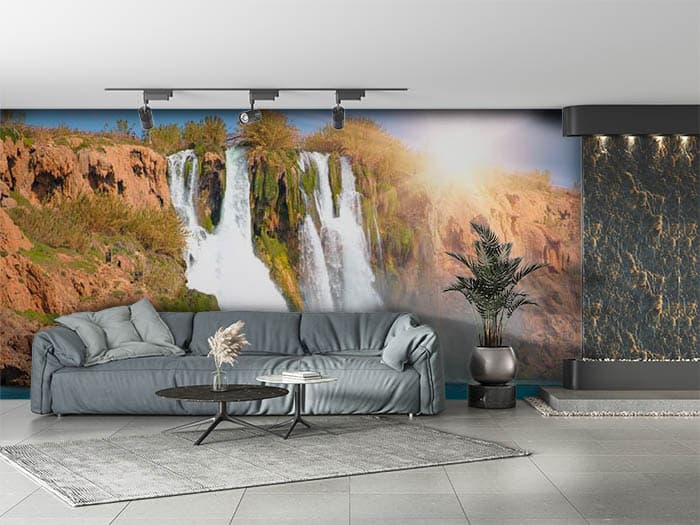 Serene Waterfall in Ocean Wallpaper Mural shown in a room