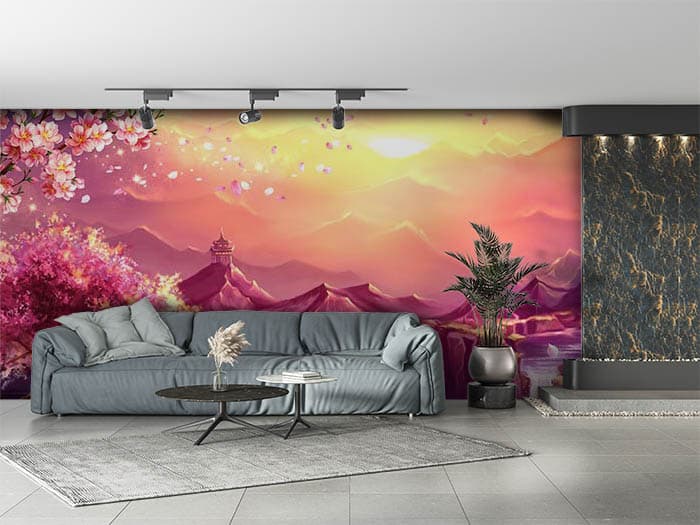 Soothing Cascade Bliss Waterfall Wallpaper shown in a room