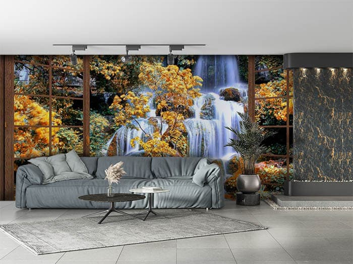 3D Effect Waterfall View From Window Wallpaper shown in a room