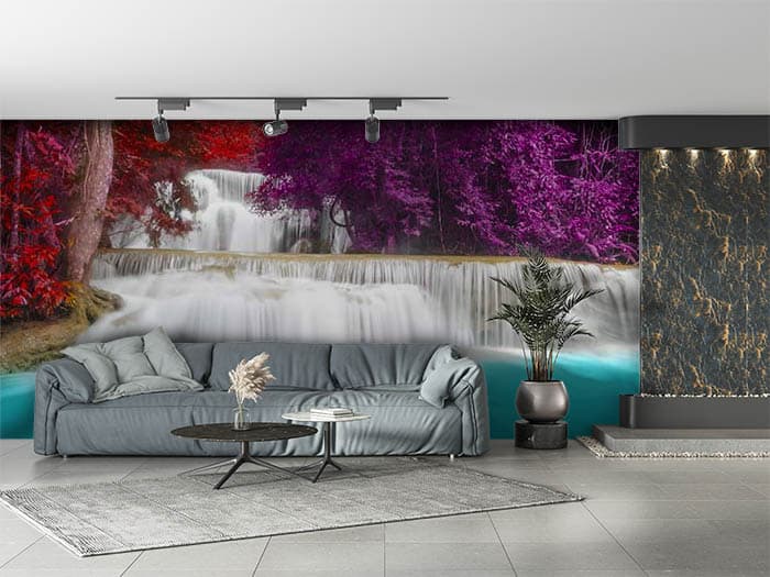 Waterfall Wallpaper With Red and Purple Trees shown in a room