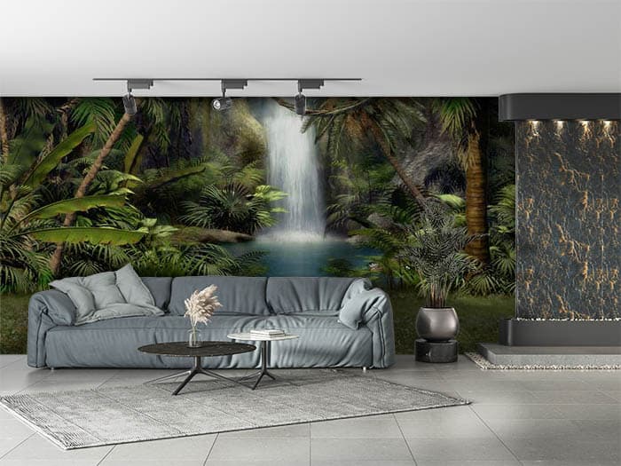 Dense Jungle With Waterfall Wallpaper shown in a room