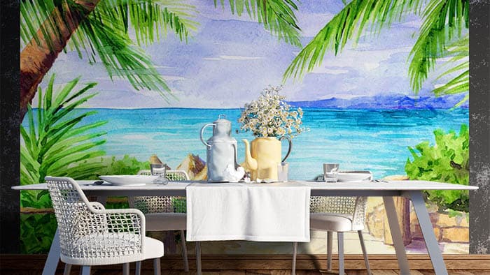 Bridge to Sea Painting Wallpaper shown in a room