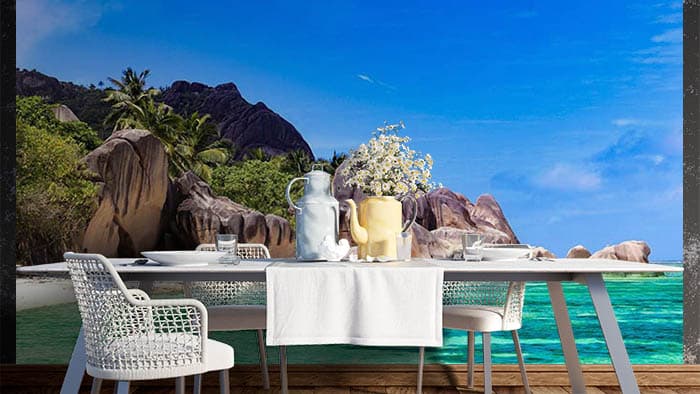 Rocky Hills and Beach Mural Wallpaper shown in a room