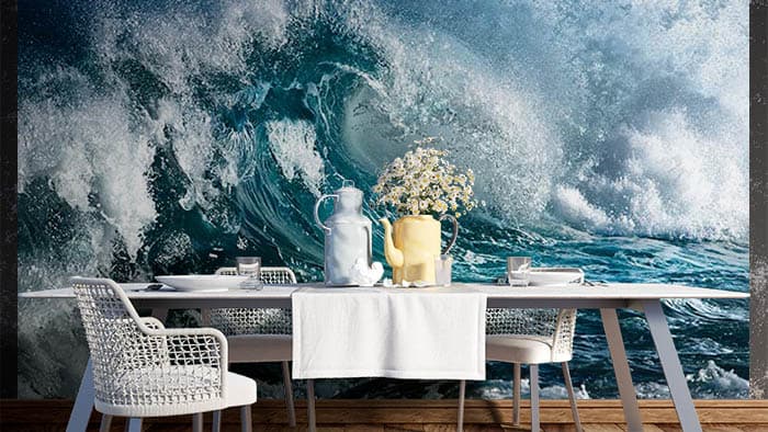 3D Effect Tidal Waves Wallpaper Mural shown in a room