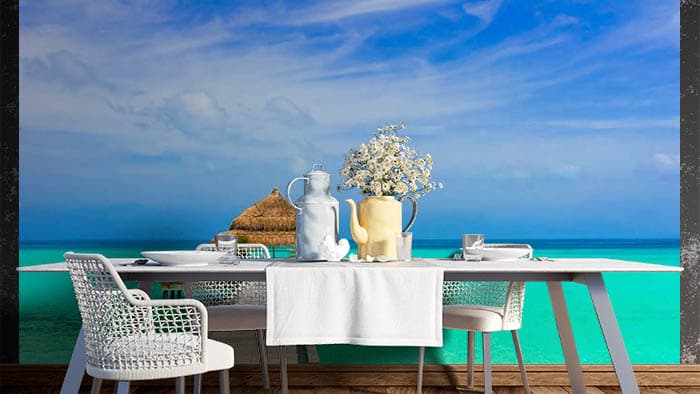 Beautiful Blue Sky and Sea Wallpaper Mural for Walls shown in a room