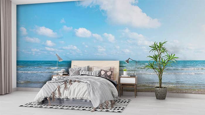 Elegant Cloudy Sky Beach Theme Wall Wallpaper shown in a room