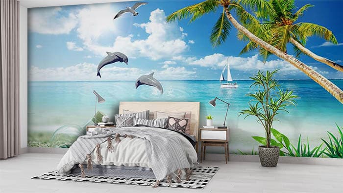 Dolphins Playing in Ocean Wallpaper shown in a room