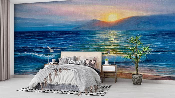 Sunrise Waves Scenery Wallpaper shown in a room