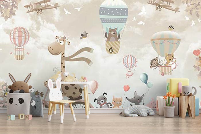 Cute Animals Adventurous Journey Kids Wallpaper shown in a room