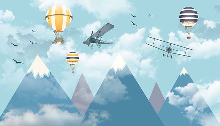 Snowy Mountain, Aircrafts and Balloons Kids Wallpaper pattern detail