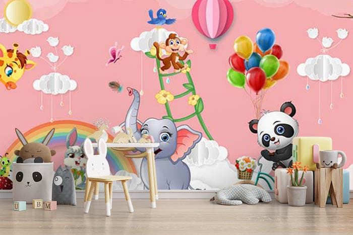 Happy Animals World Children Wallpaper shown in a room