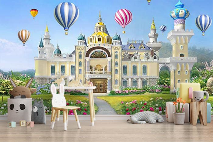 Beautiful Castle With Hot Air Balloons and Flowers Kids Wallpaper shown in a room