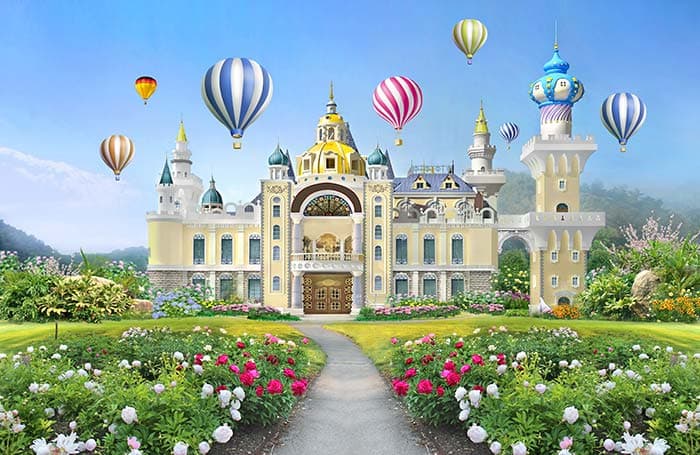 Beautiful Castle With Hot Air Balloons and Flowers Kids Wallpaper pattern detail