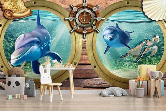 3D Underwater Window View of Dolphins Wallpaper for Wall shown in a room