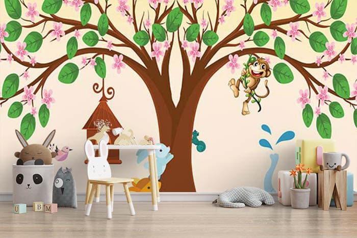 Cute Animals Landscape Playful Kids Wallpaper shown in a room